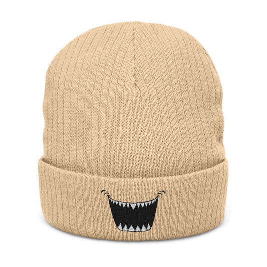 Embroidered Monster Smile Ribbed Beanie — Knit Cuffed Winter Hat