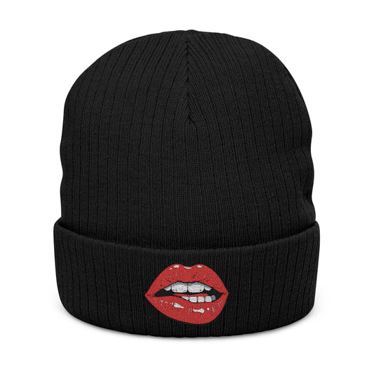 Embroidered Red Lip Ribbed Beanie Trendy Knit Hat for Women