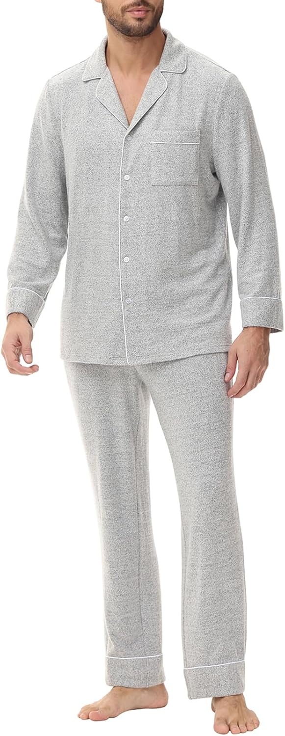 Veseacky Mens Pajamas Set Long Sleeve Soft Pajamas for Men Button Down Sleepwear Pjs Lounge Sets with Pockets S-2XL