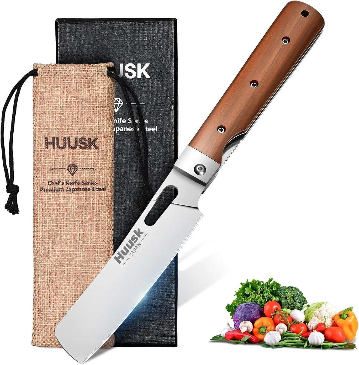 Huusk Japanese Folding Nakiri Knife - Pocket Chef Knives with 440C Stainless Steel Ultra Sharp Blade, Portable Kitchen Knife for BBQ Trip Outdoor, Christmas Gift for Men and Women