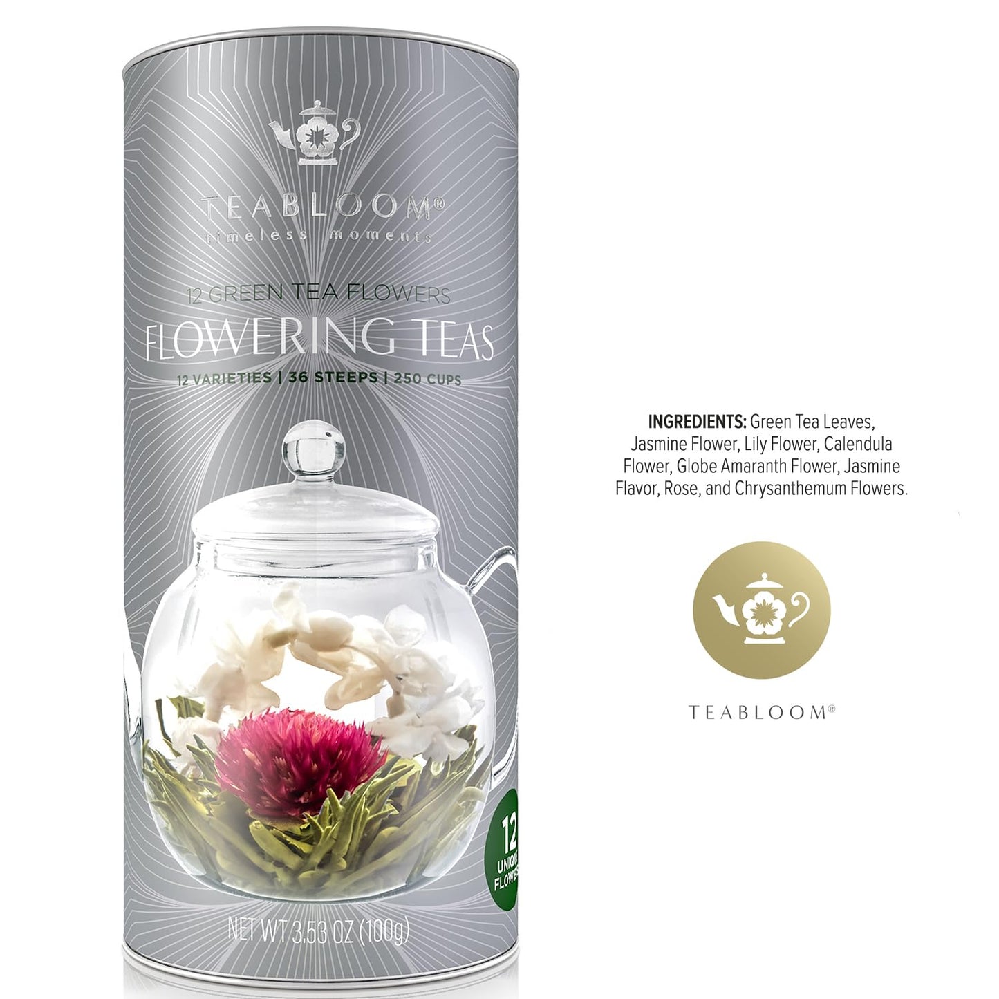Teabloom Flowering Tea - 12 Unique Varieties of Fresh Blooming Tea Flowers - Hand-Tied Natural Green Tea Leaves & Edible Flowers - 12-Pack Gift Canister - 36 Steeps, Makes 250 Cups