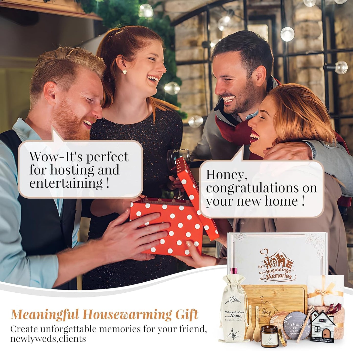 Synhonty New Home Gift Ideas Basket, 11 Pcs: Bamboo Serving Board, Wooden Decoration, Soy Candle, Towels & More - White