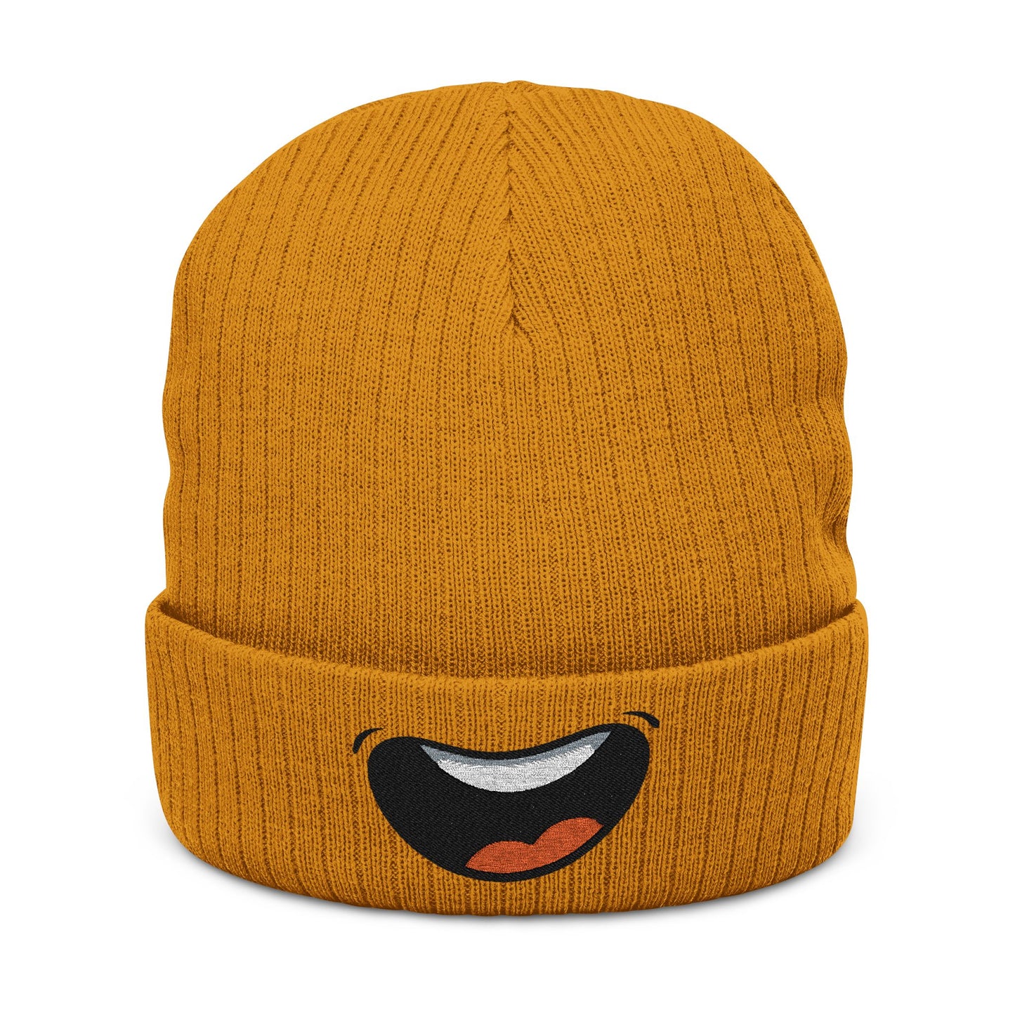 Embroidered Smile Beanie — Ribbed Knit Cuffed Winter Hat