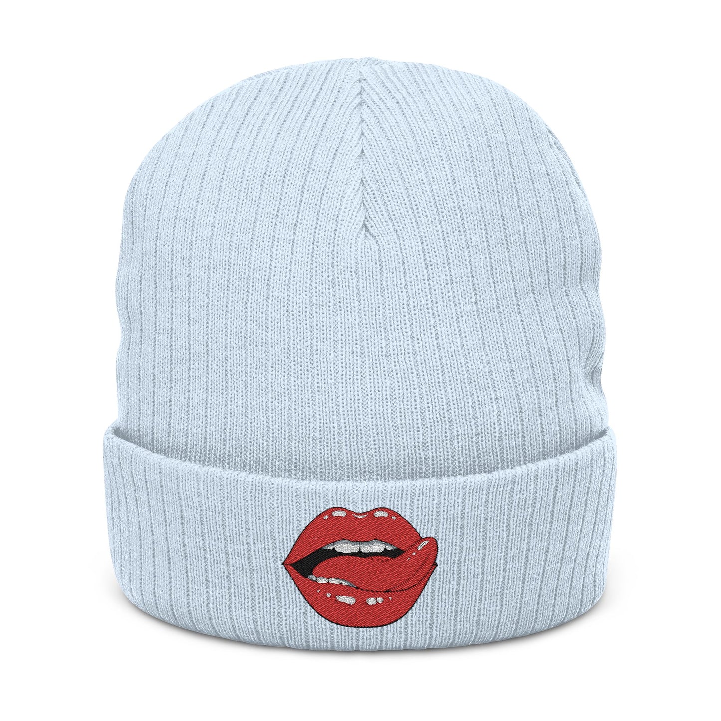 Embroidered Red Lip Kiss Beanie Ribbed Knit Winter Hat