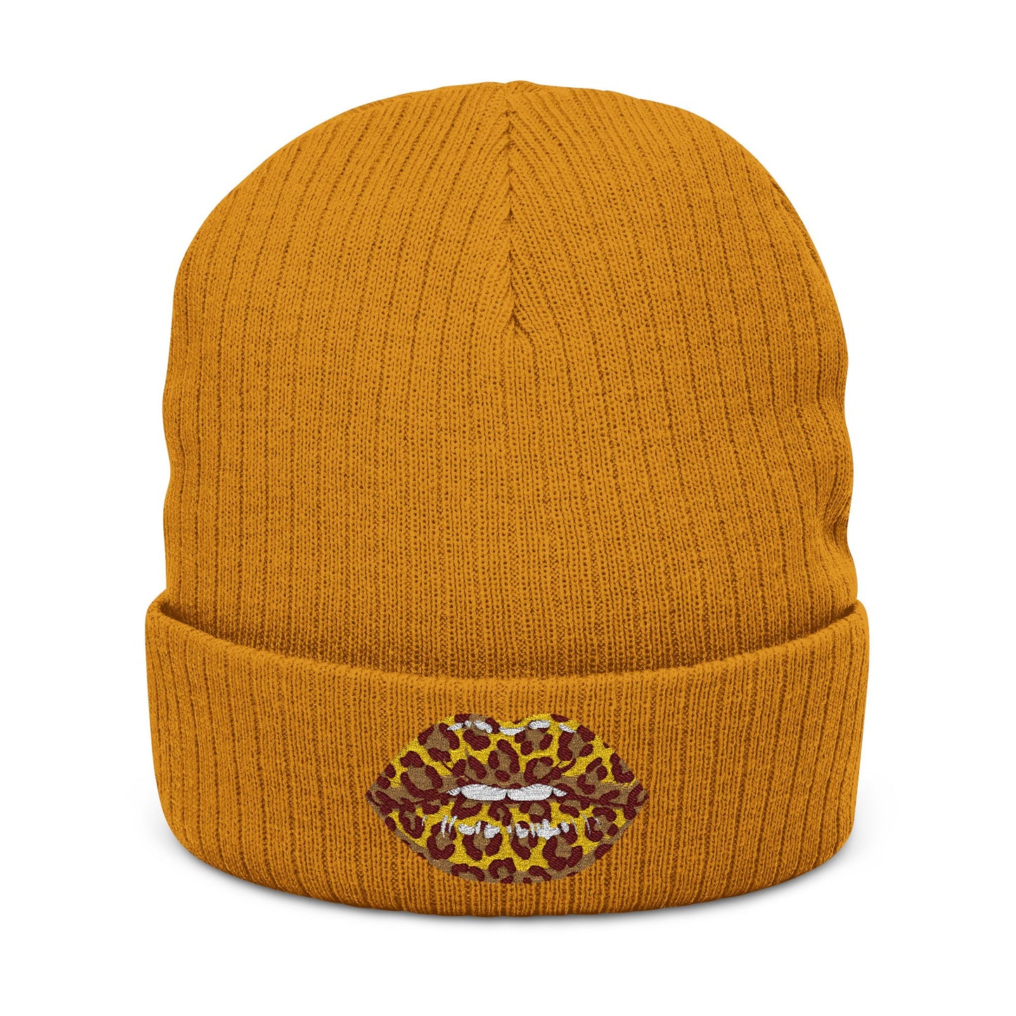 Leopard Kiss Beanie — Embroidered Ribbed Knit Hat