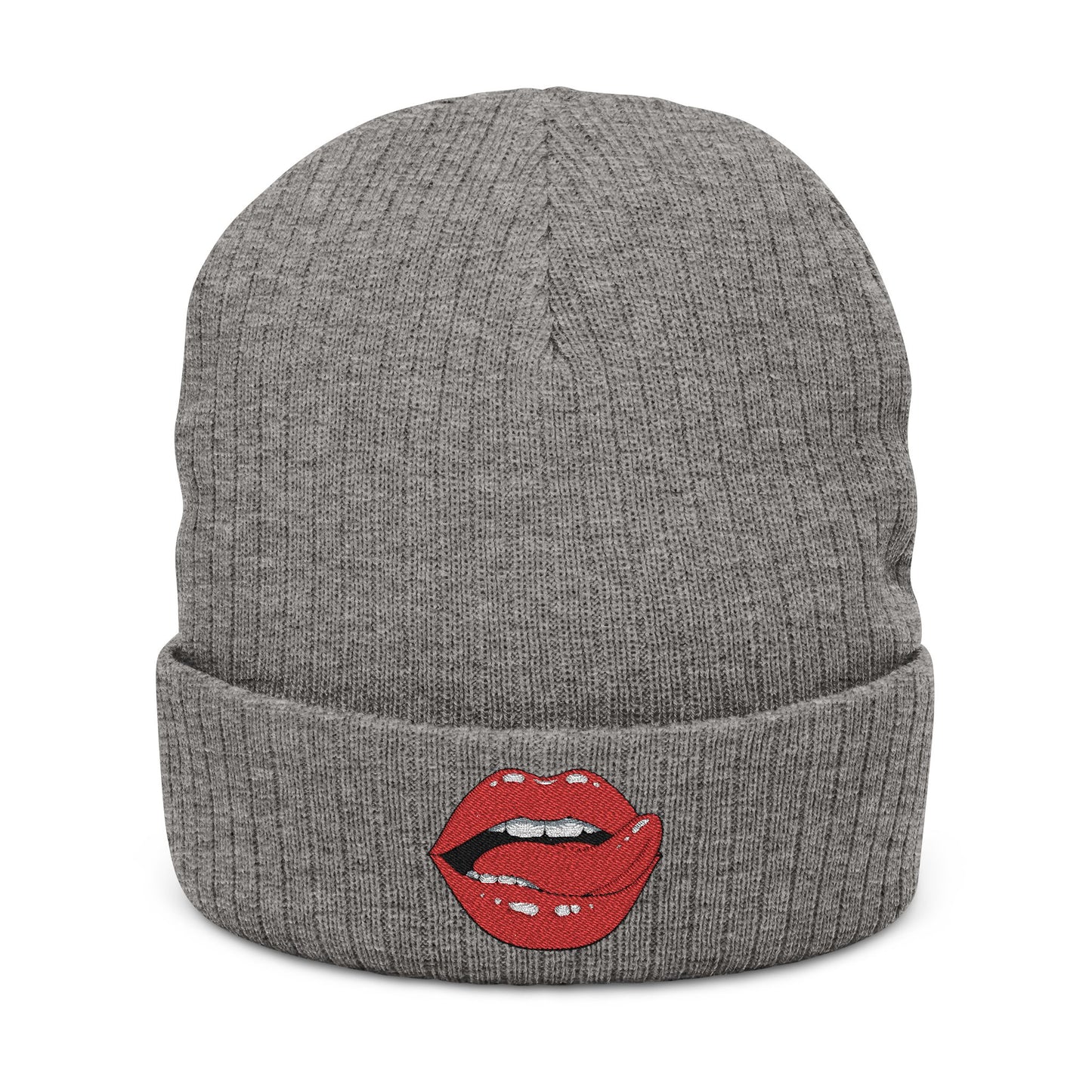 Embroidered Red Lip Kiss Beanie Ribbed Knit Winter Hat