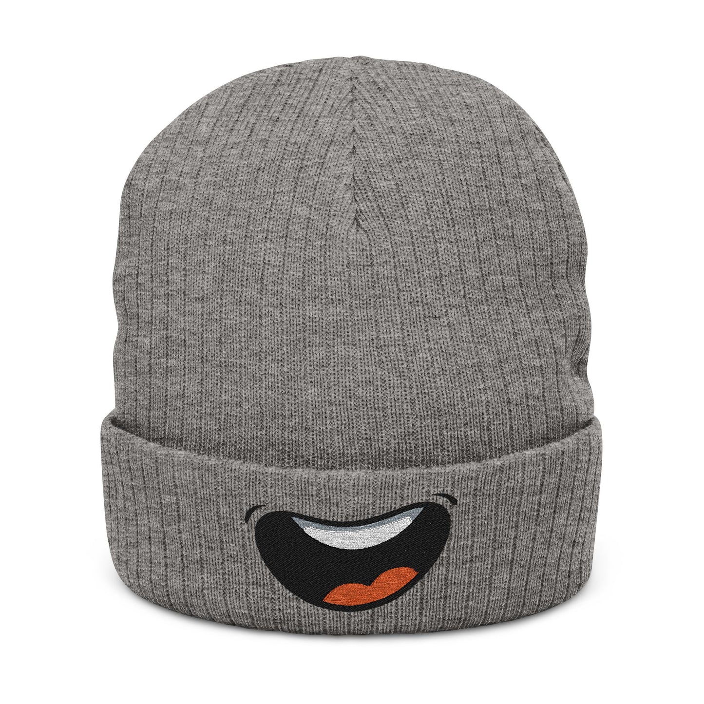 Embroidered Smile Beanie — Ribbed Knit Cuffed Winter Hat