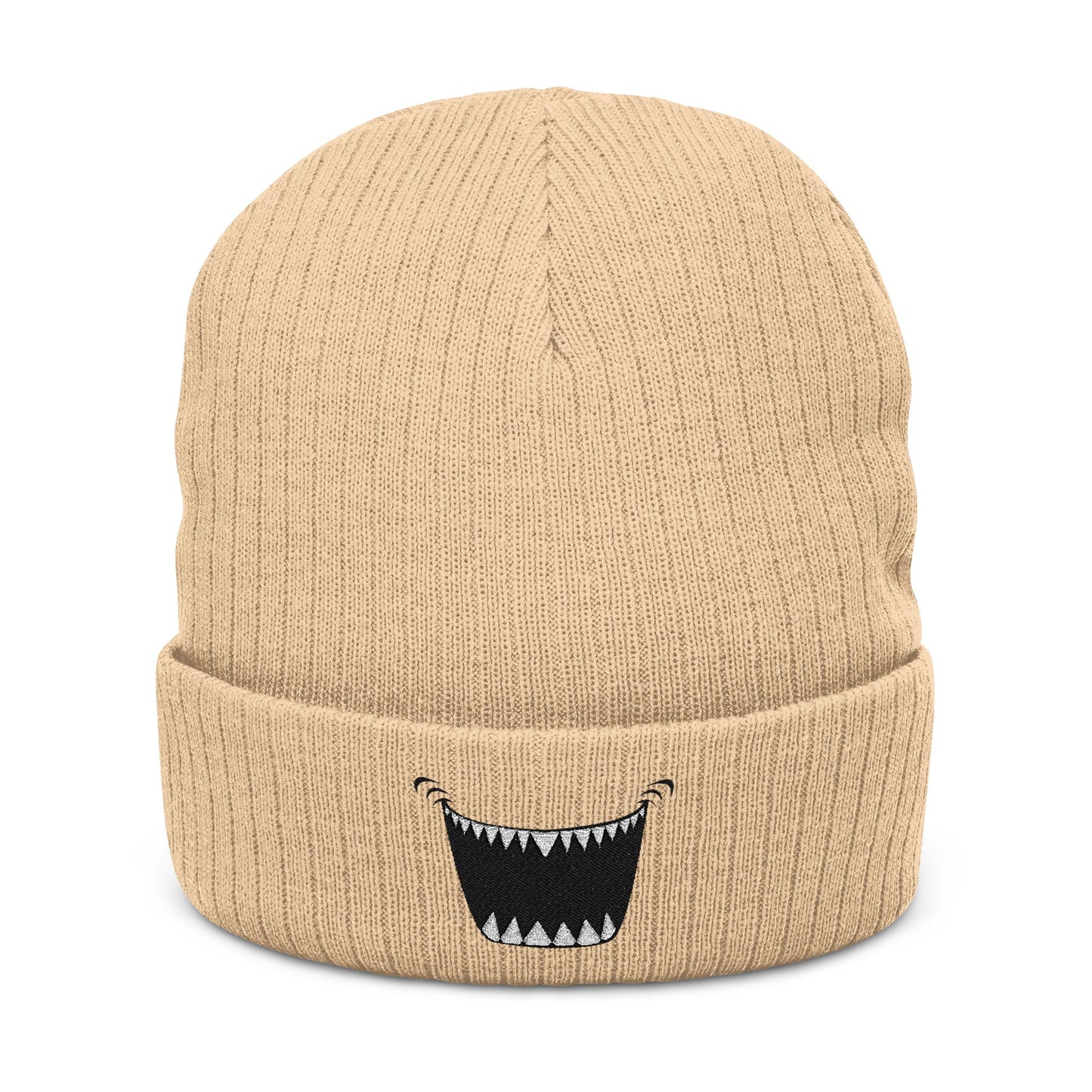 Embroidered Monster Smile Ribbed Beanie — Knit Cuffed Winter Hat