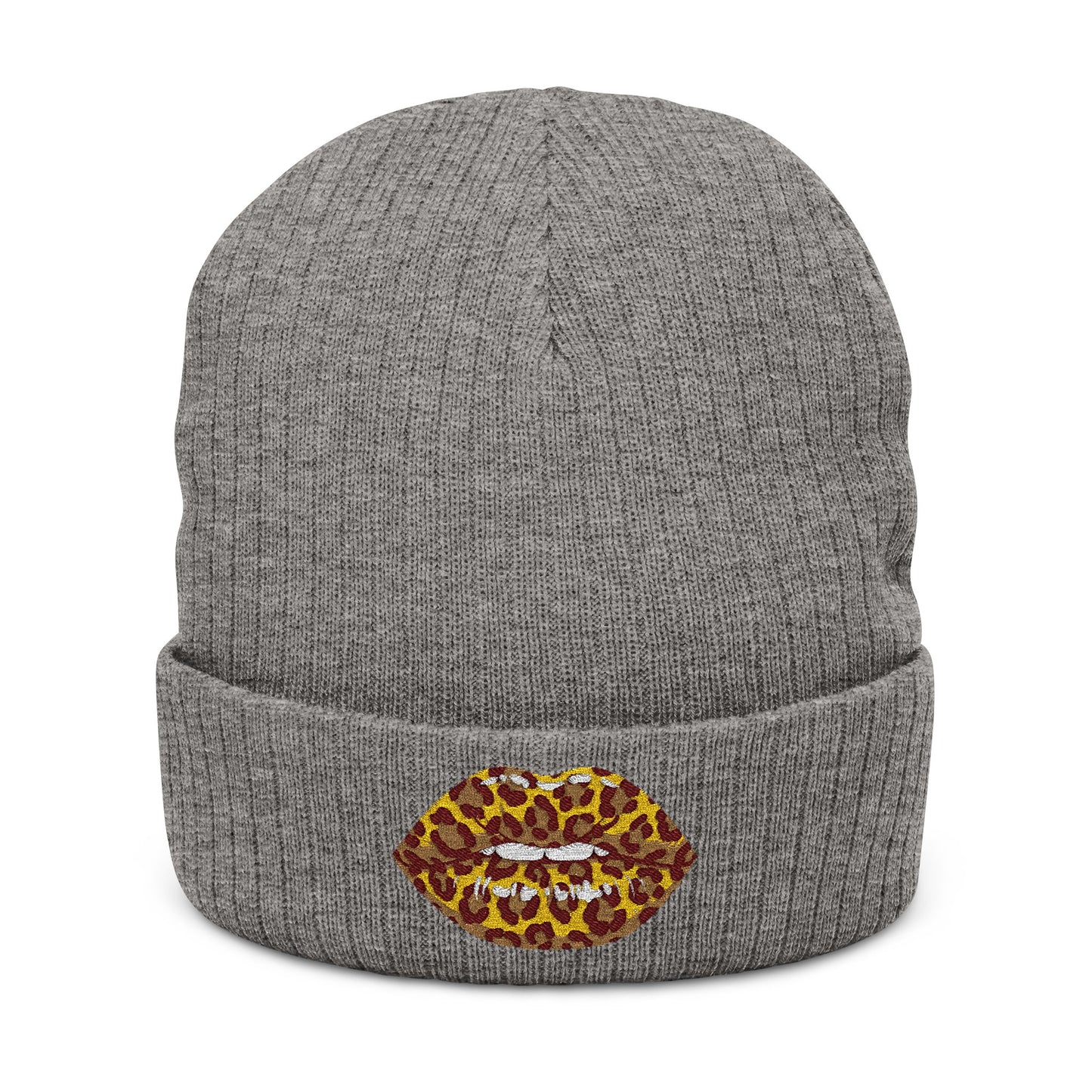 Leopard Kiss Beanie — Embroidered Ribbed Knit Hat