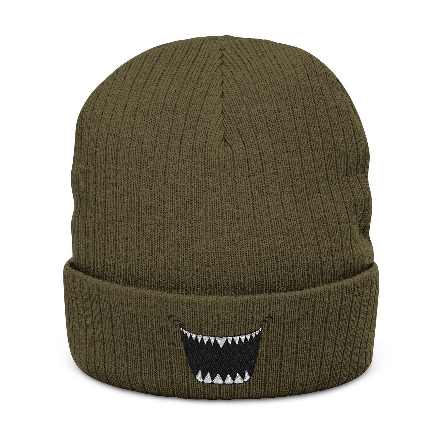Embroidered Monster Smile Ribbed Beanie — Knit Cuffed Winter Hat