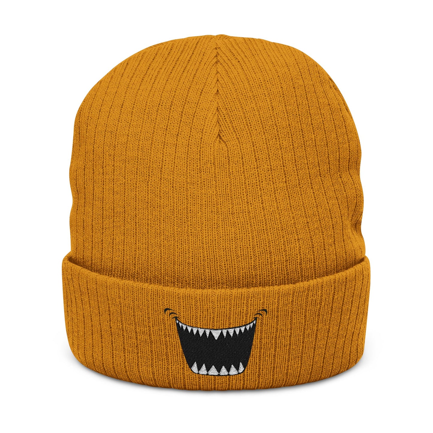 Embroidered Monster Smile Ribbed Beanie — Knit Cuffed Winter Hat