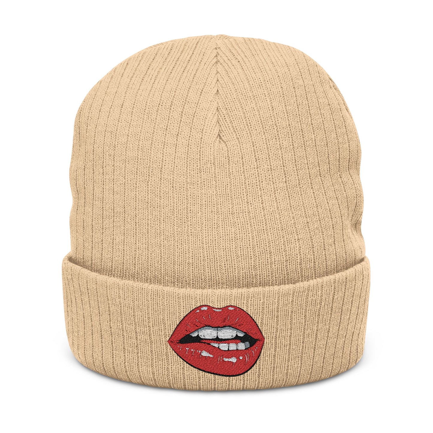 Embroidered Red Lip Ribbed Beanie Trendy Knit Hat for Women