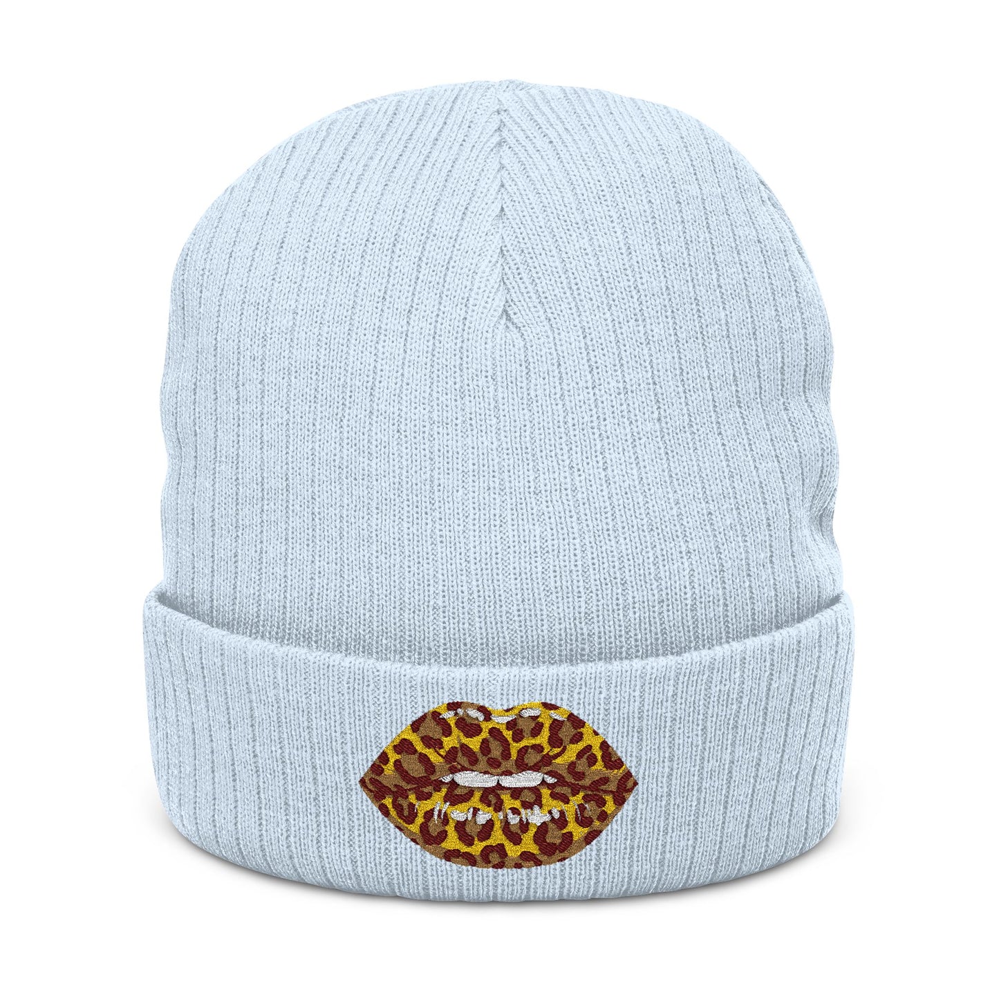 Leopard Kiss Beanie — Embroidered Ribbed Knit Hat