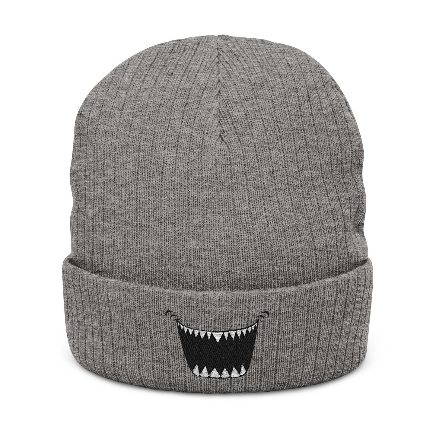 Embroidered Monster Smile Ribbed Beanie — Knit Cuffed Winter Hat