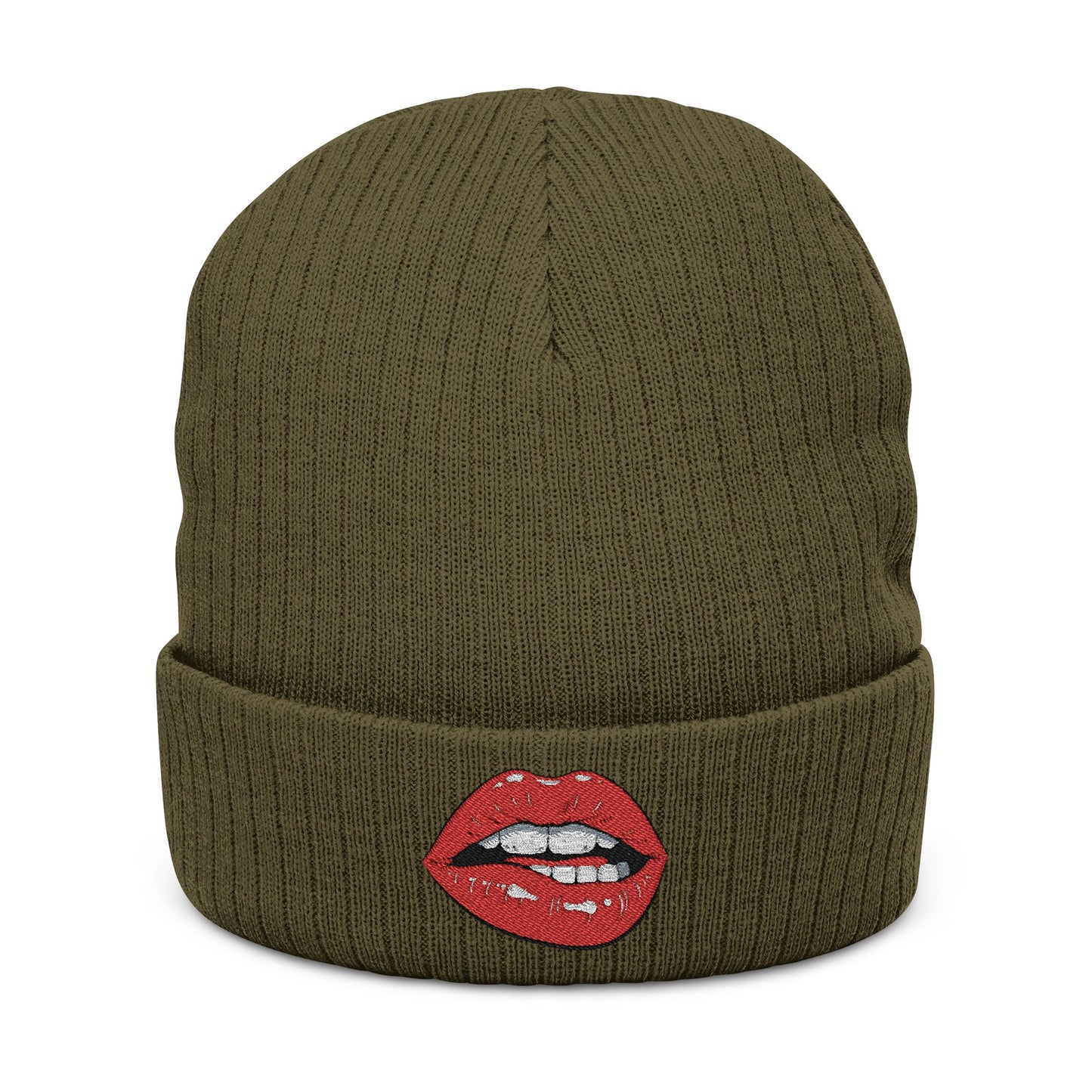 Embroidered Red Lip Ribbed Beanie Trendy Knit Hat for Women