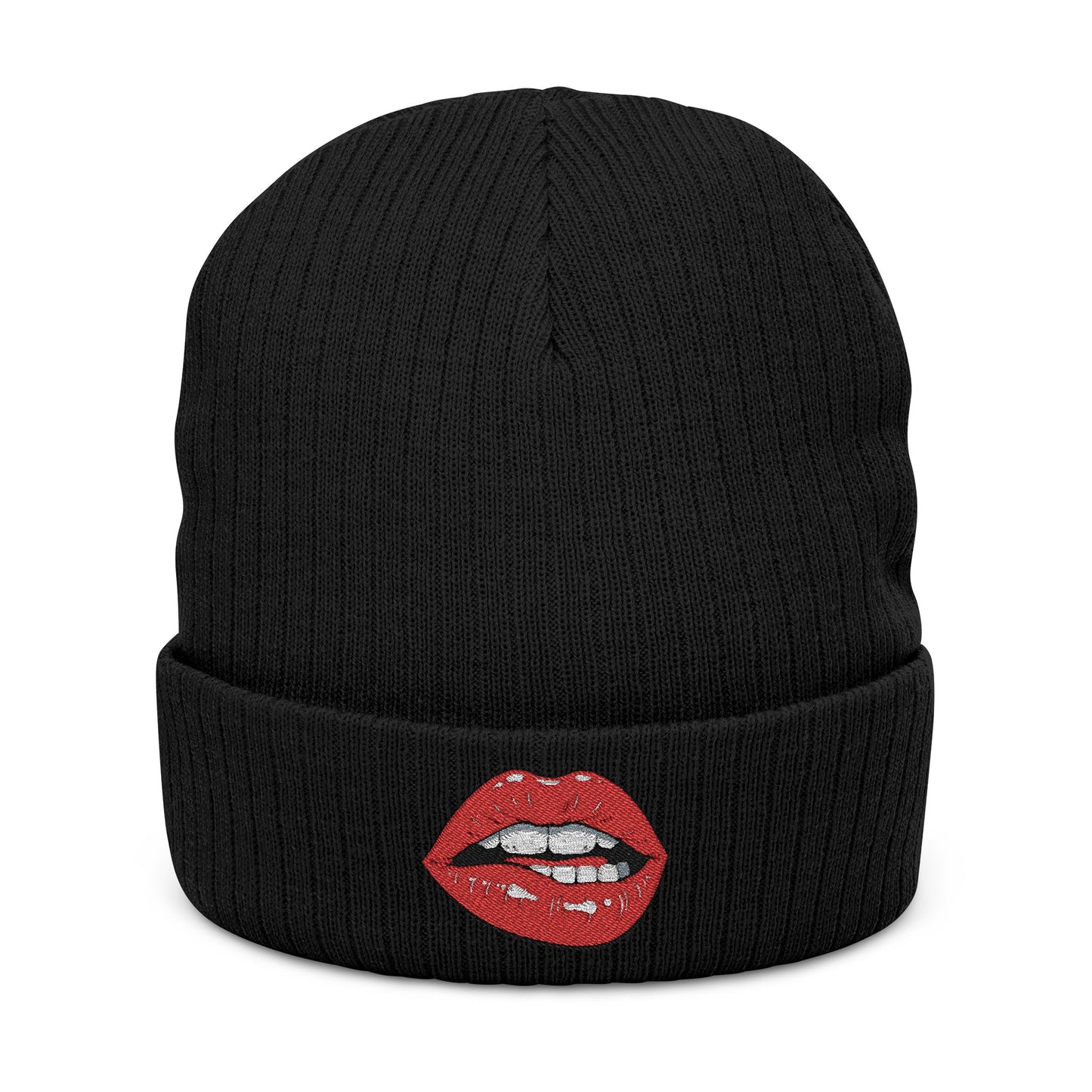 Embroidered Red Lip Ribbed Beanie Trendy Knit Hat for Women