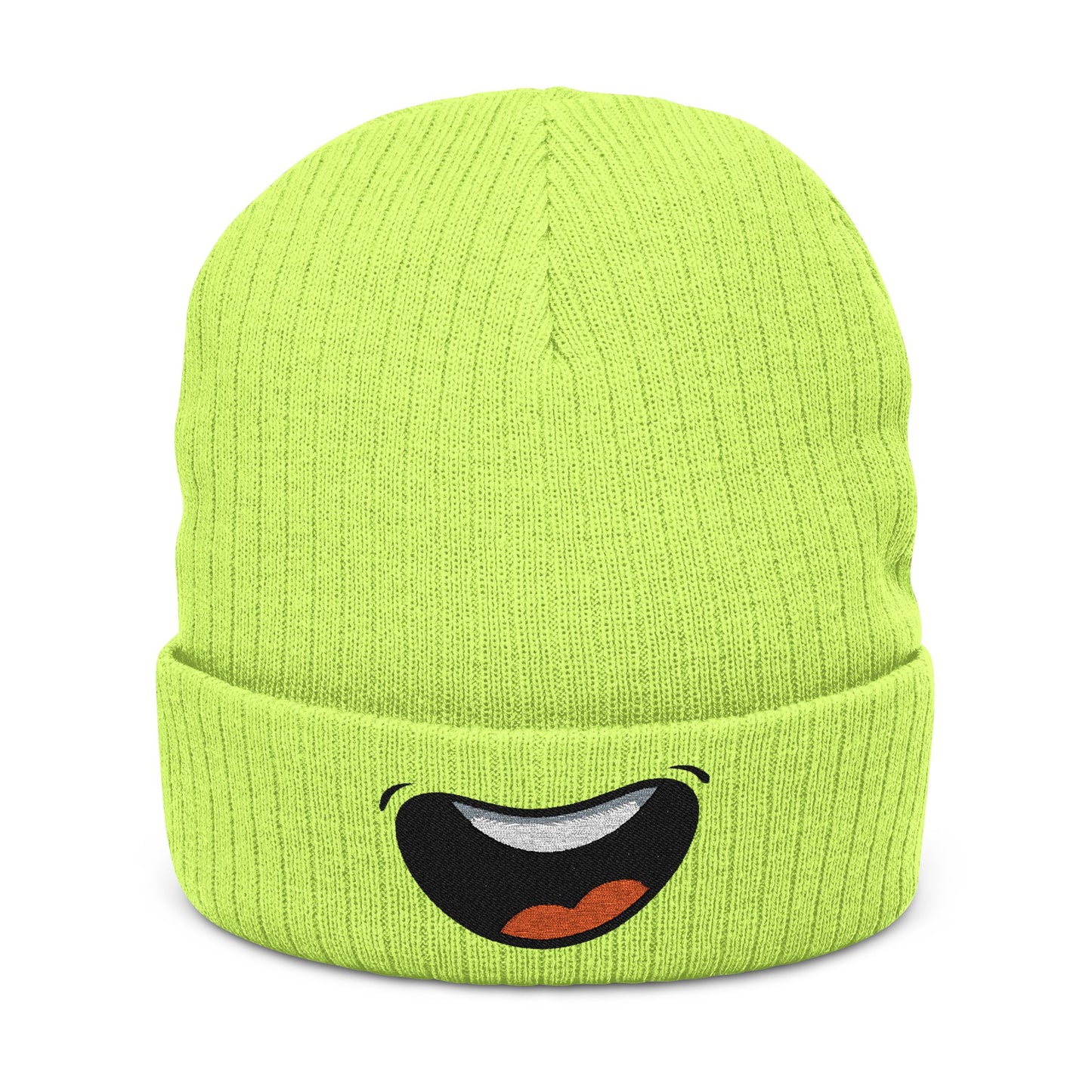 Embroidered Smile Beanie — Ribbed Knit Cuffed Winter Hat