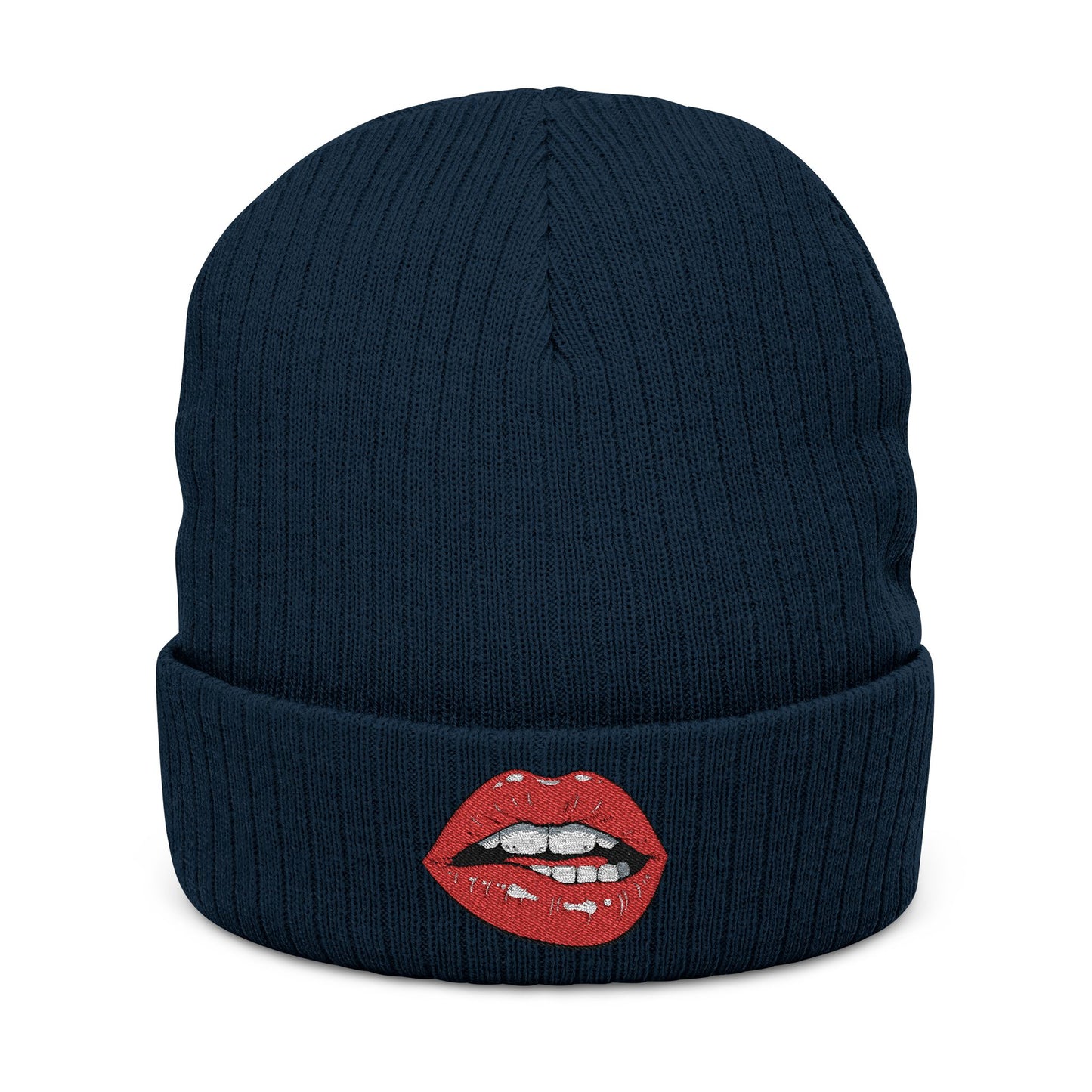 Embroidered Red Lip Ribbed Beanie Trendy Knit Hat for Women