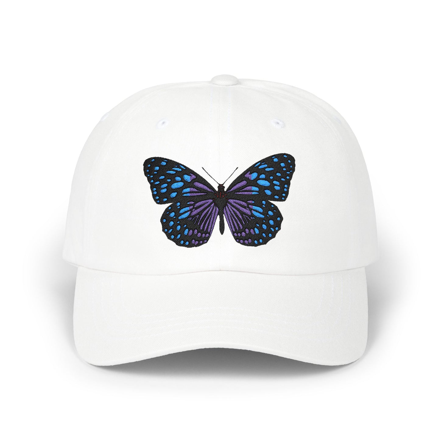 Embroidered Blue Butterfly Dad Cap Classic White Baseball Hat