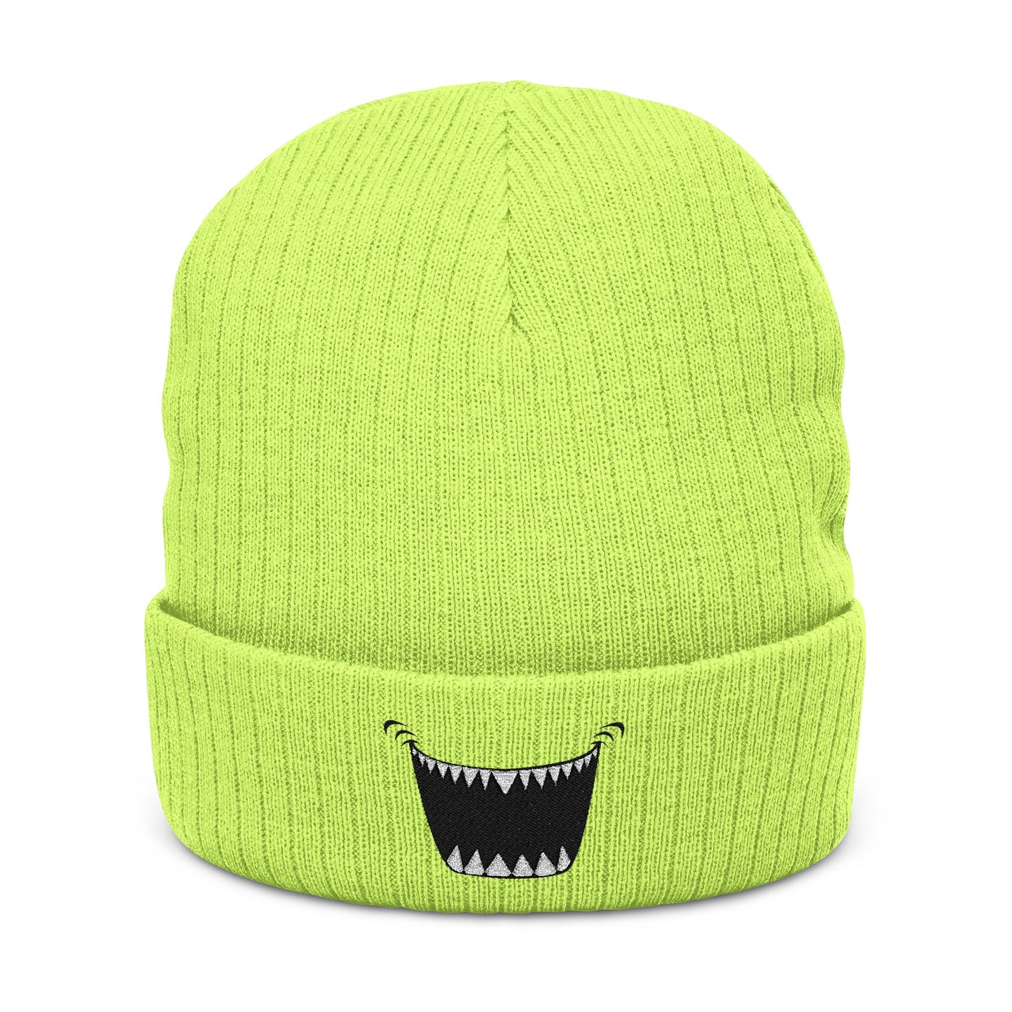 Embroidered Monster Smile Ribbed Beanie — Knit Cuffed Winter Hat