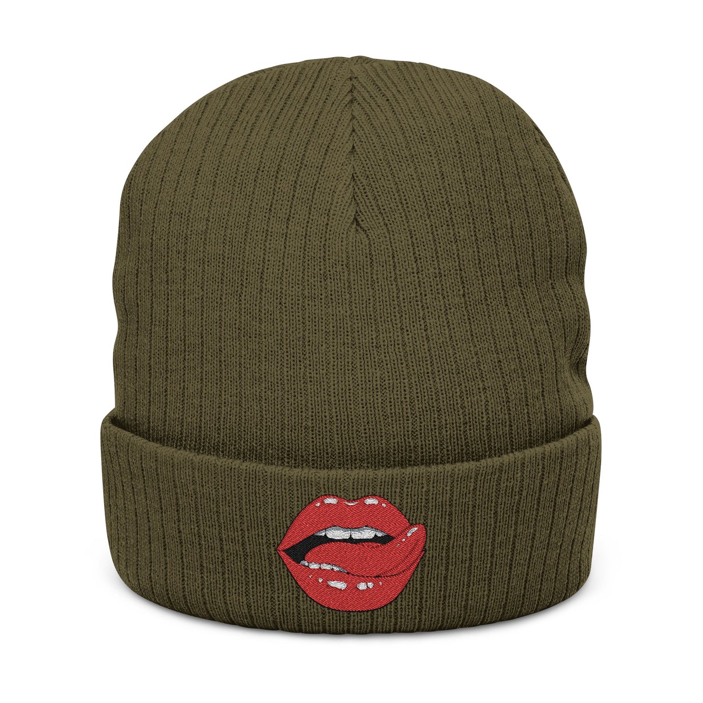 Embroidered Red Lip Kiss Beanie Ribbed Knit Winter Hat