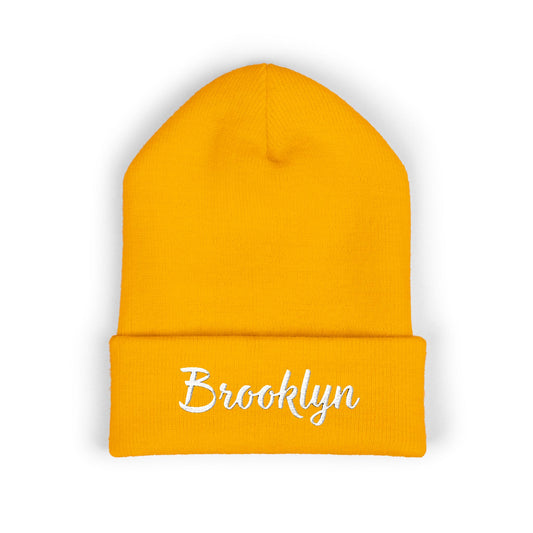 Brooklyn Embroidered Cuffed Beanie — Yellow Knit Winter Hat