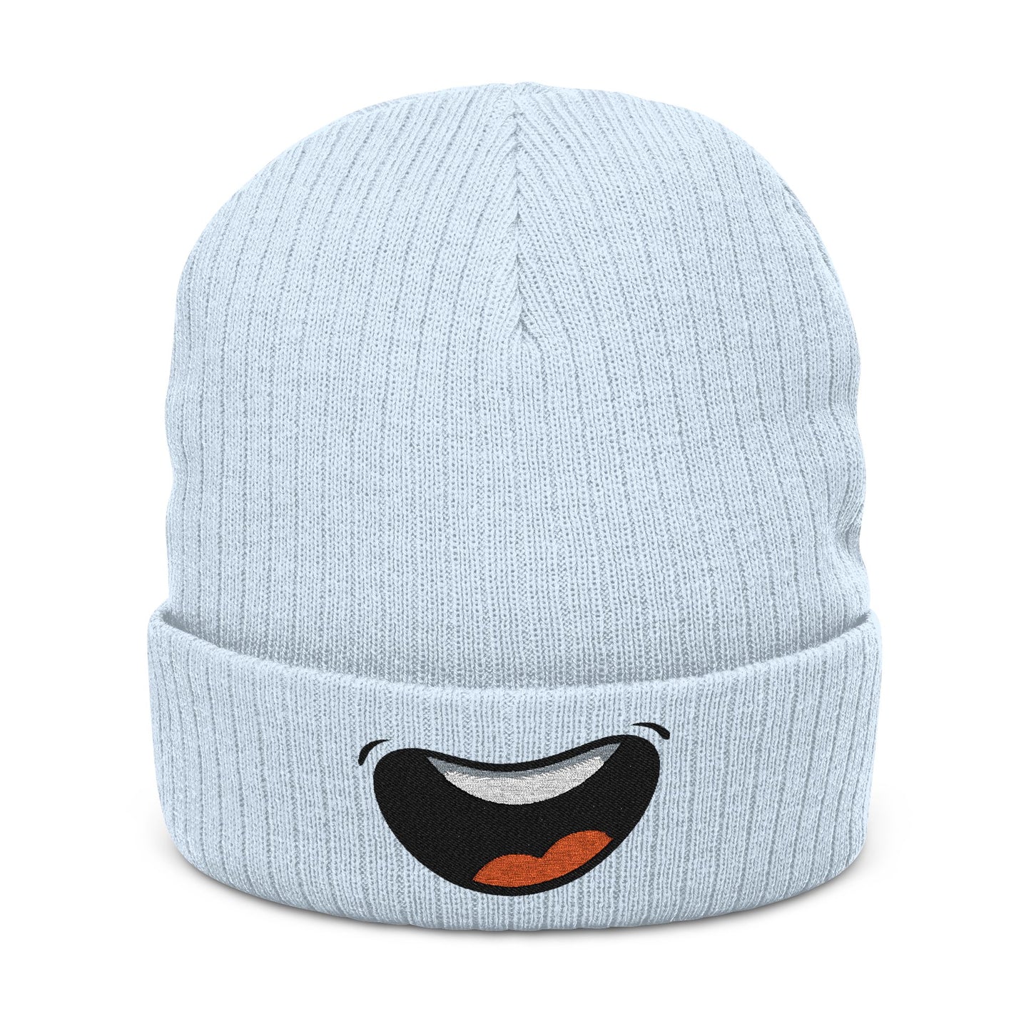 Embroidered Smile Beanie — Ribbed Knit Cuffed Winter Hat