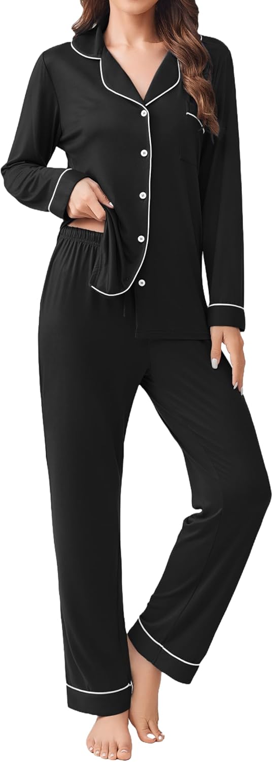 Ekouaer Womens Pajamas Set 2 Piece Button Down Pjs Soft Long Sleeve Top and Pants Sleepwear Set Lounge Sets