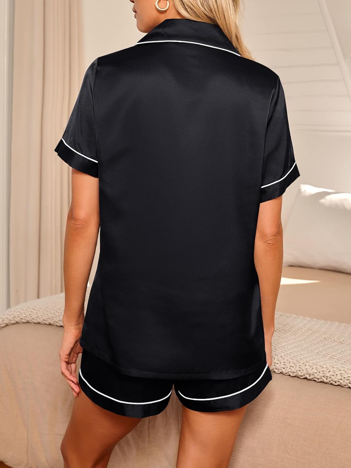 LILLUSORY Silk Satin Pajama Set for Women 2 Piece Lounge Pjs Winter Matching Summer Sleepwear Button Down Shirt Shorts