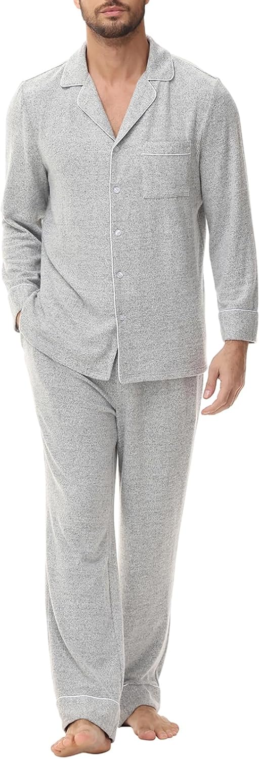 Veseacky Mens Pajamas Set Long Sleeve Soft Pajamas for Men Button Down Sleepwear Pjs Lounge Sets with Pockets S-2XL