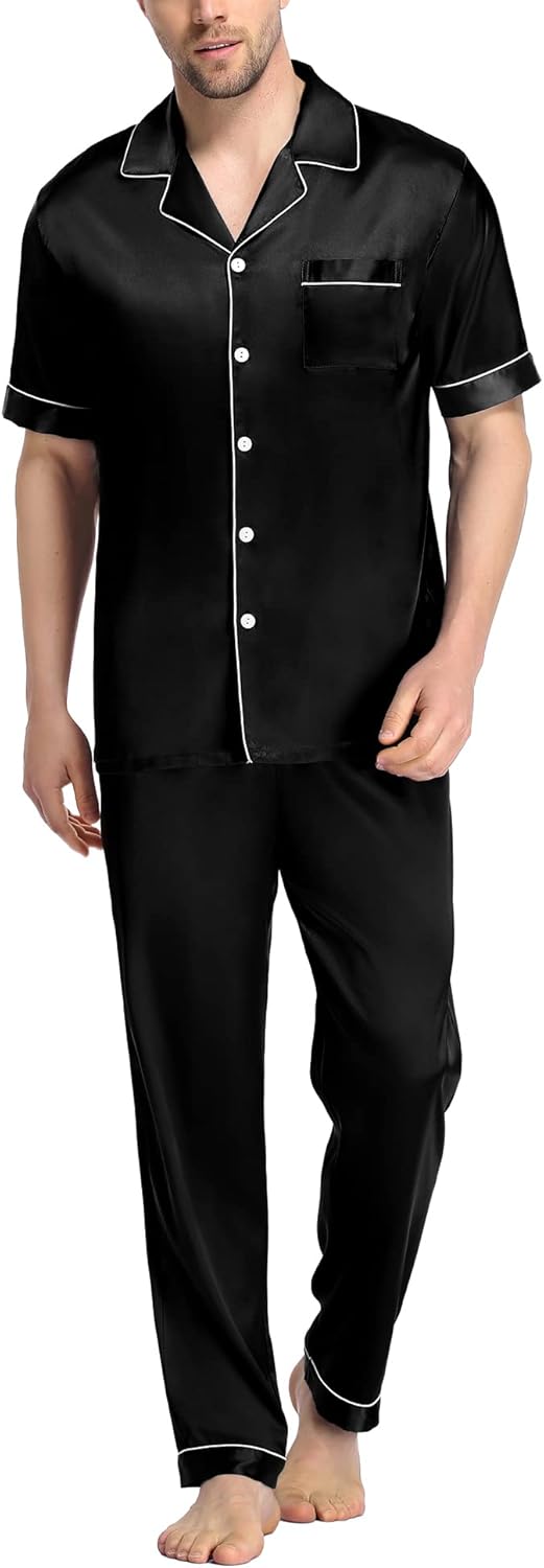 SWOMOG Mens Satin Pajama Set Short Sleeve Classic Sleepwear Button Down Silky Loungewear with Long Pants