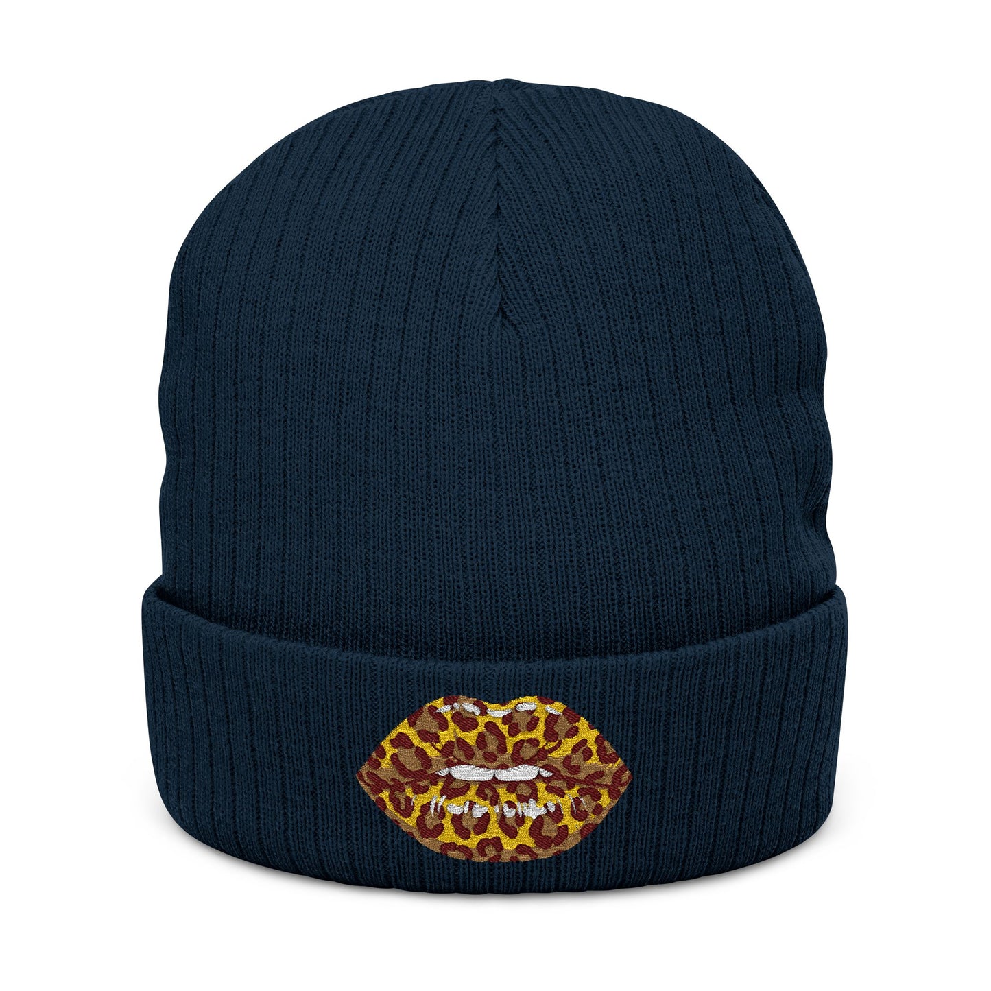 Leopard Kiss Beanie — Embroidered Ribbed Knit Hat