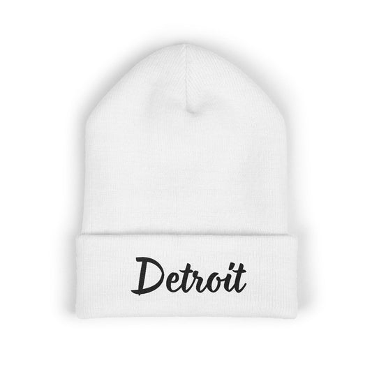 Detroit Embroidered Cuffed Beanie — Classic City Script Knit Hat