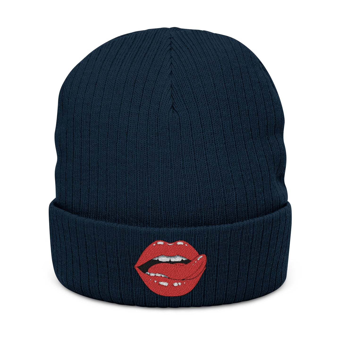 Embroidered Red Lip Kiss Beanie Ribbed Knit Winter Hat