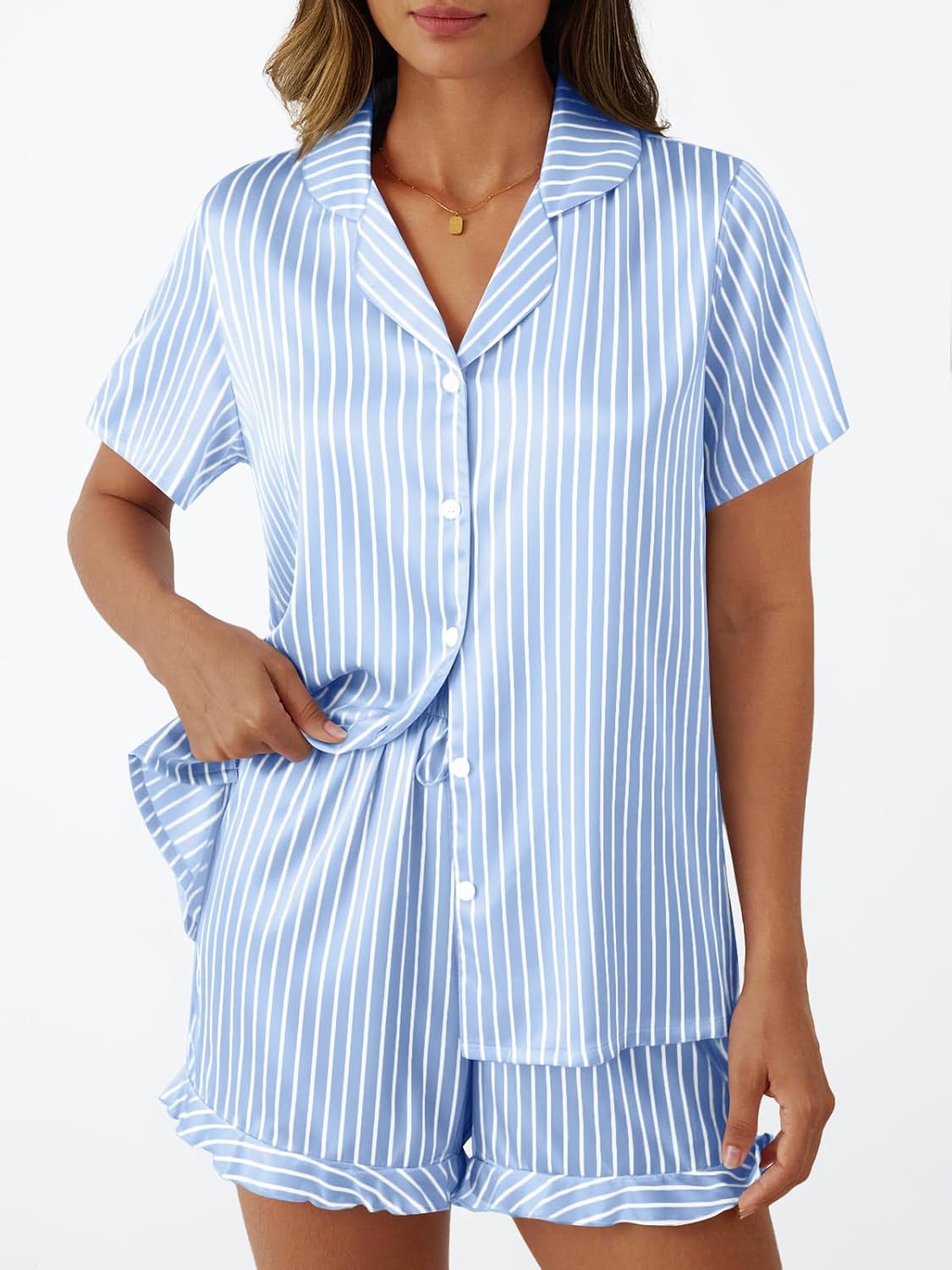 LILLUSORY Womens Satin Silk Pajamas Set 2 Piece Ruffle Pjs Winter Matching Lounge Sleepwear Button Down Striped Shirt Shorts