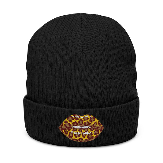 Leopard Kiss Beanie — Embroidered Ribbed Knit Hat