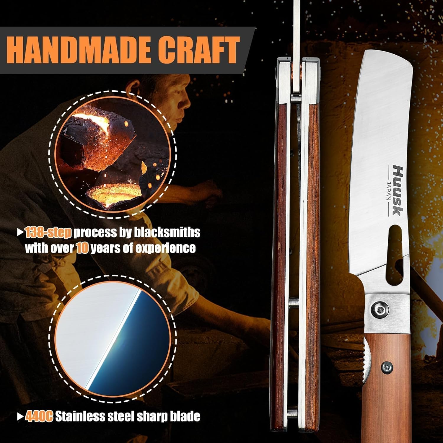 Huusk Japanese Folding Nakiri Knife - Pocket Chef Knives with 440C Stainless Steel Ultra Sharp Blade, Portable Kitchen Knife for BBQ Trip Outdoor, Christmas Gift for Men and Women