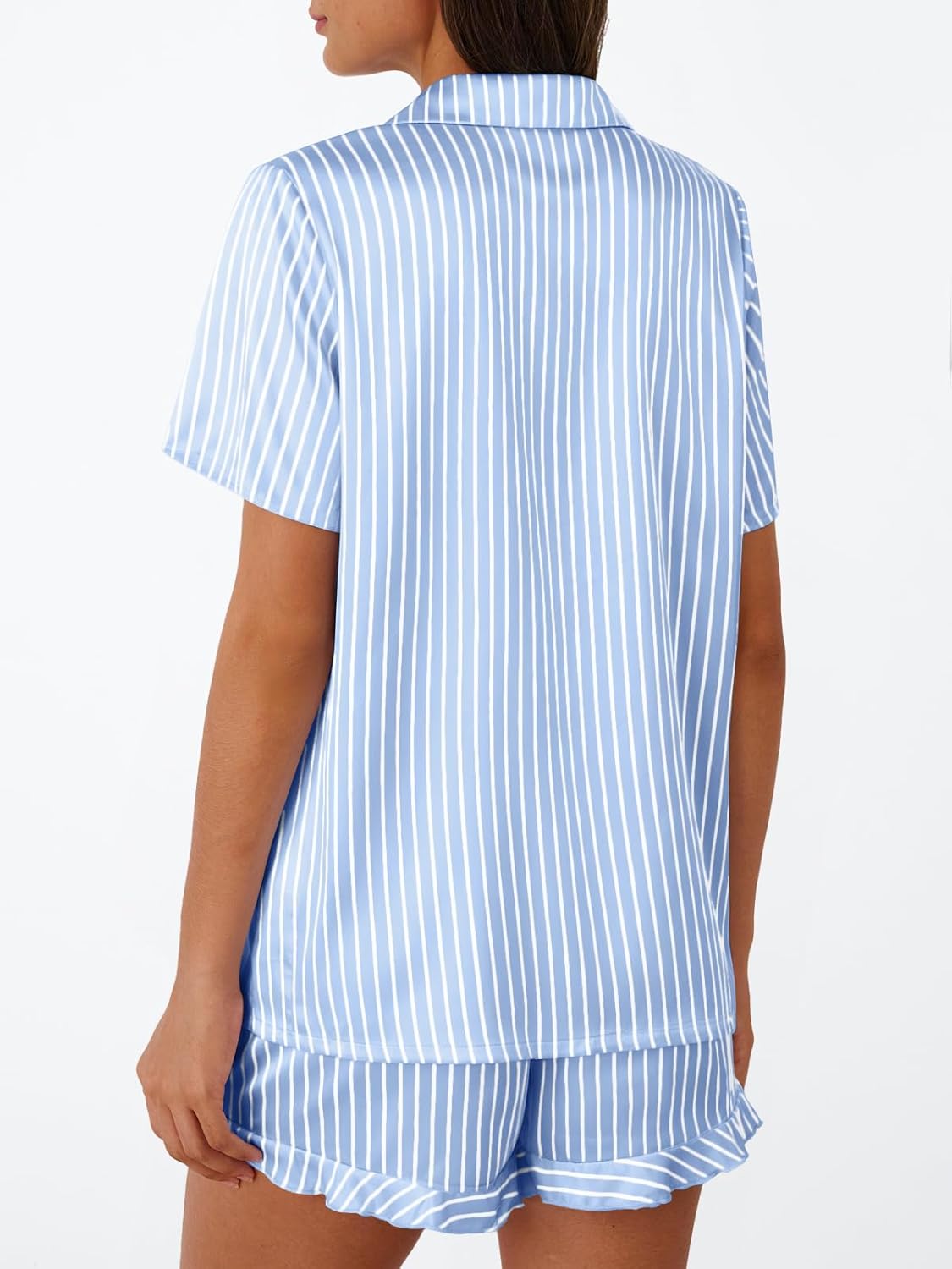 LILLUSORY Womens Satin Silk Pajamas Set 2 Piece Ruffle Pjs Winter Matching Lounge Sleepwear Button Down Striped Shirt Shorts