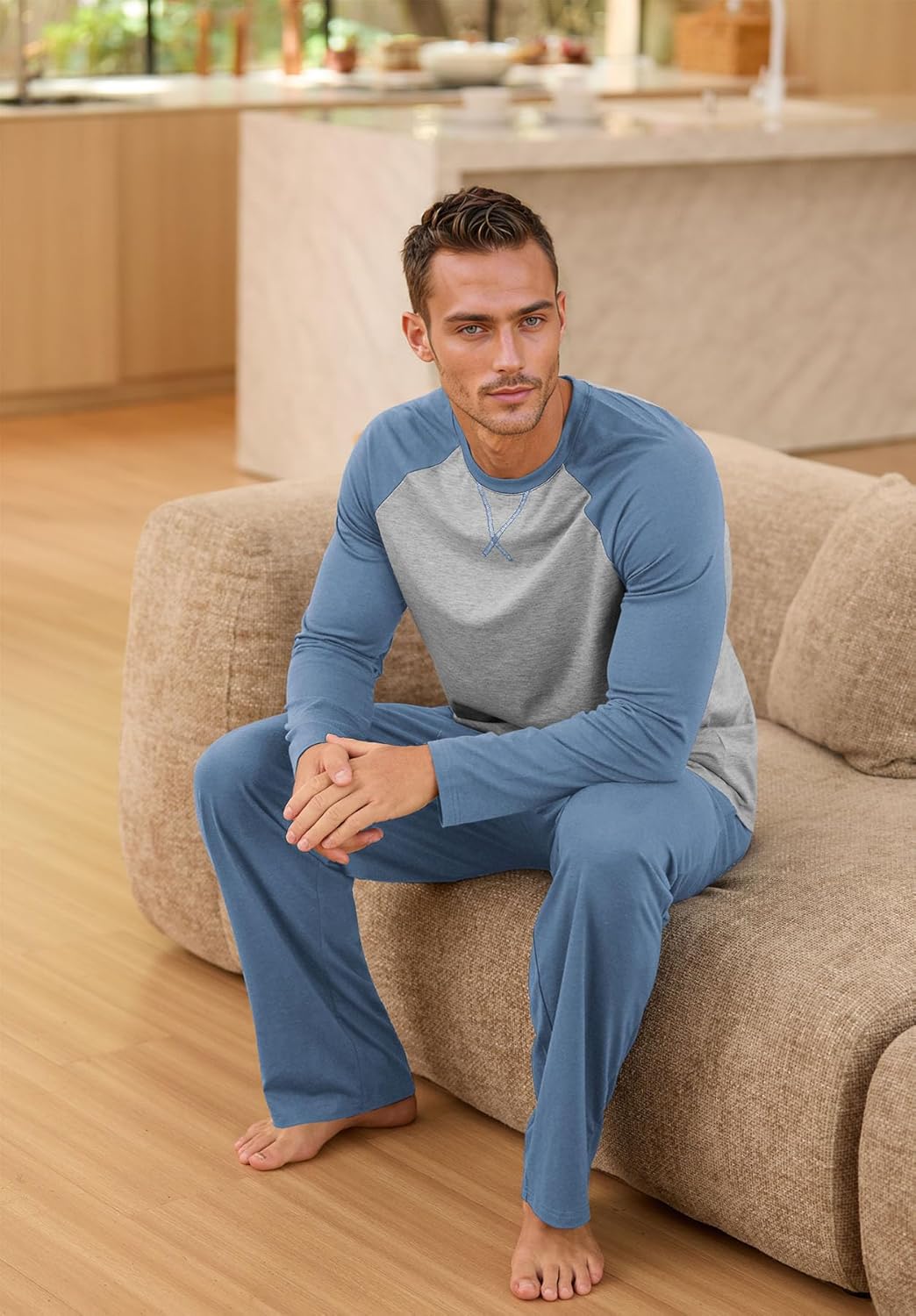 NITAGUT Men's Pajama Set Long Sleeve Sleepwear 2 Piece Loungewear with Pockets Soft Comfy Nightwear