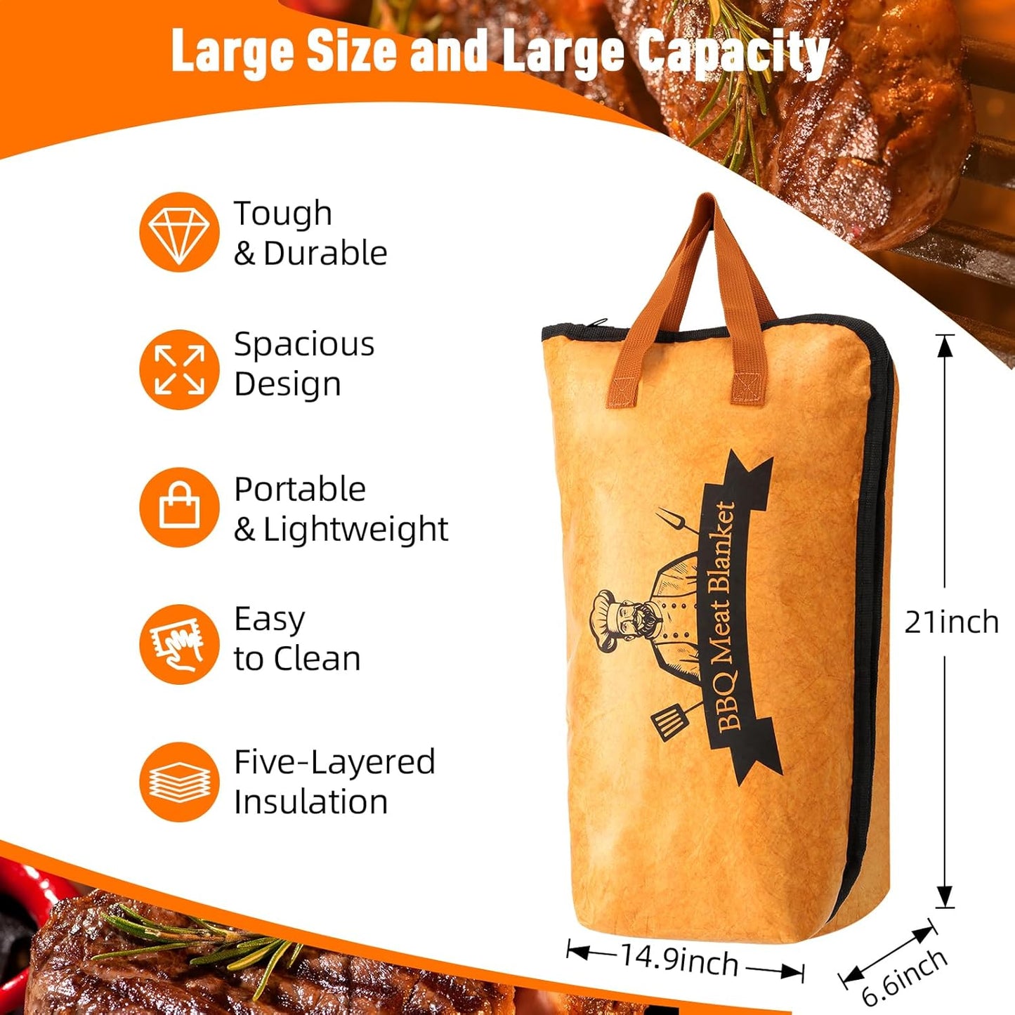 21in BBQ Blanket for Resting Meat - Smoking Meat Insulated Bag for Brisket/Beef/Pork Shoulder/Turkey - Valentines Day Gifts Birthday Anniversary Smoker Accessories Gift for Men