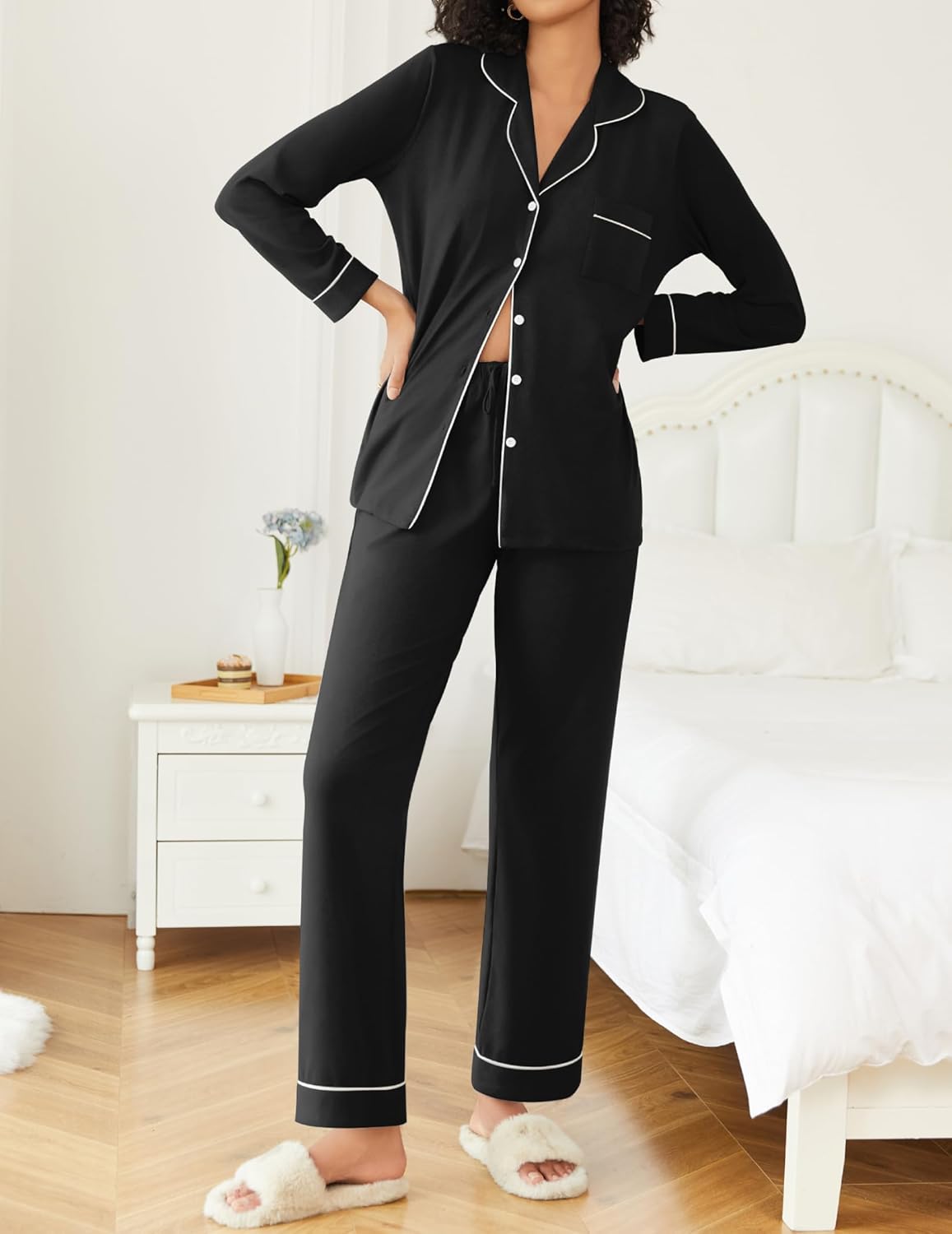 Ekouaer Womens Pajamas Set 2 Piece Button Down Pjs Soft Long Sleeve Top and Pants Sleepwear Set Lounge Sets