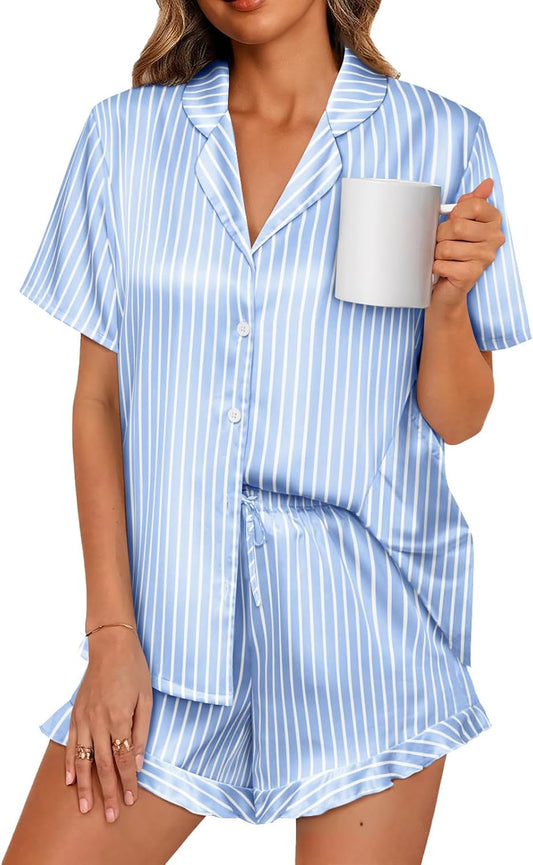 LILLUSORY Womens Satin Silk Pajamas Set 2 Piece Ruffle Pjs Winter Matching Lounge Sleepwear Button Down Striped Shirt Shorts