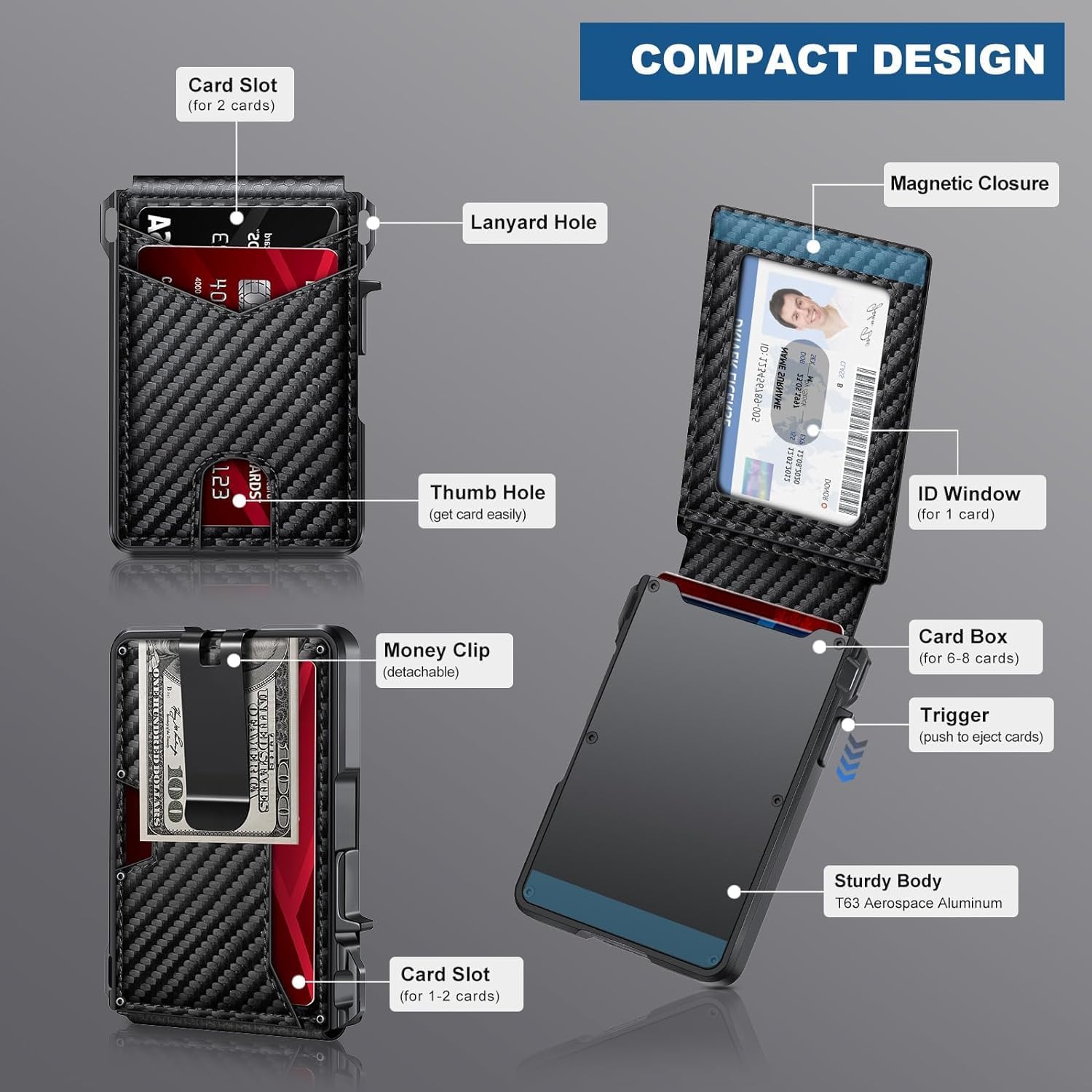 Wallet for Men, Mens Minimalist Wallet 9-13 Cards, Slim Compact Wallet with Money Clip & ID Window, RFID Blocking Smart Pop Up Card Wallet, Metal Aluminum Credit Card Holder Bifold Wallet