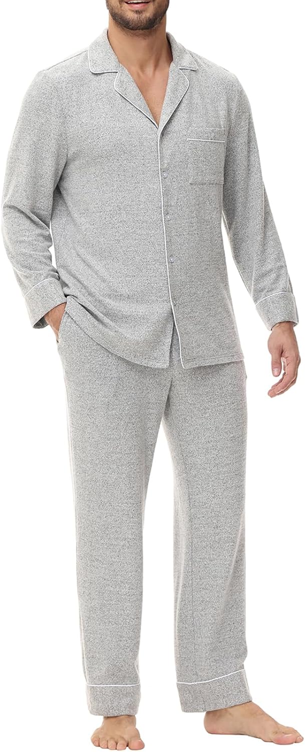 Veseacky Mens Pajamas Set Long Sleeve Soft Pajamas for Men Button Down Sleepwear Pjs Lounge Sets with Pockets S-2XL