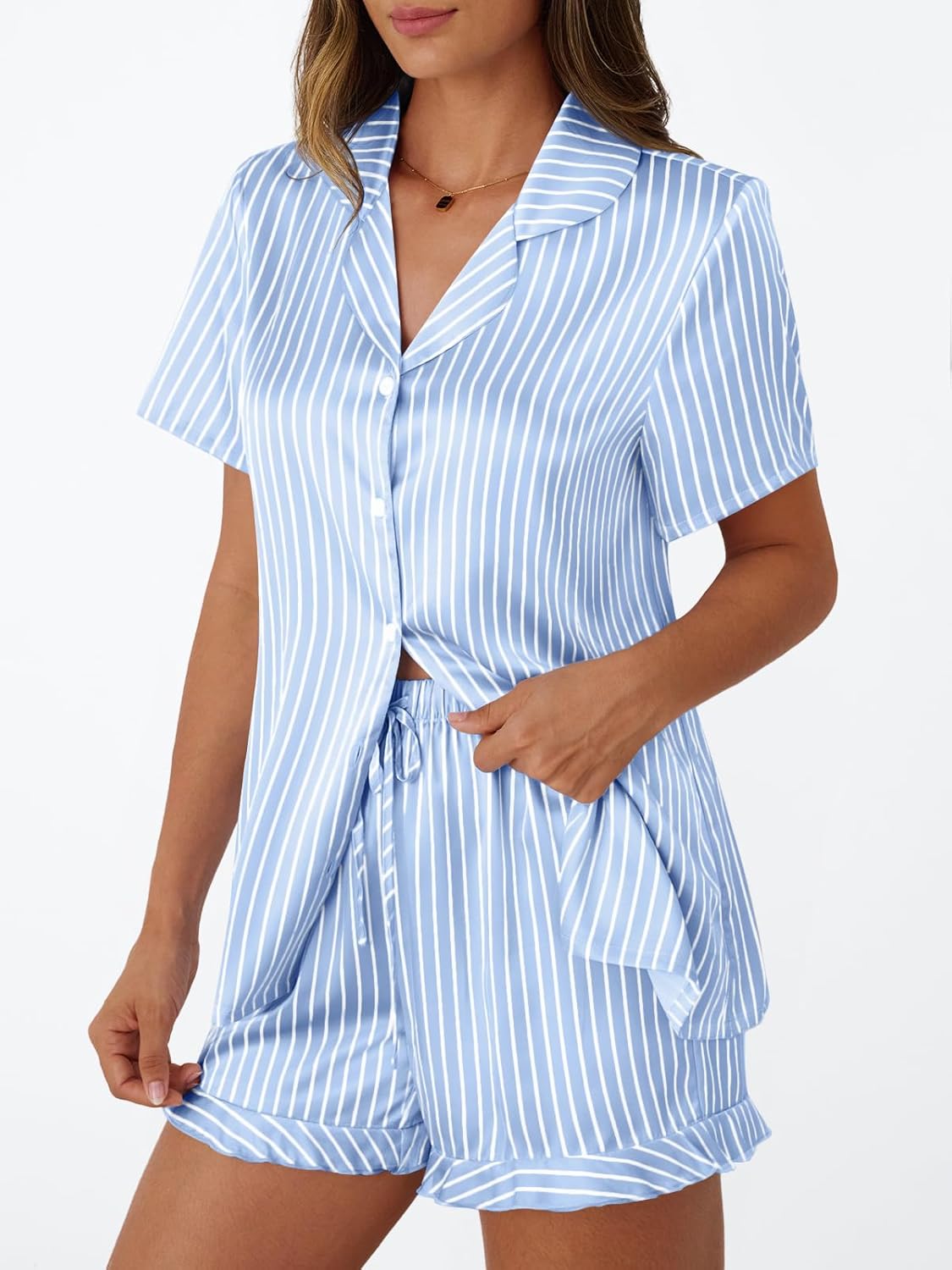 LILLUSORY Womens Satin Silk Pajamas Set 2 Piece Ruffle Pjs Winter Matching Lounge Sleepwear Button Down Striped Shirt Shorts