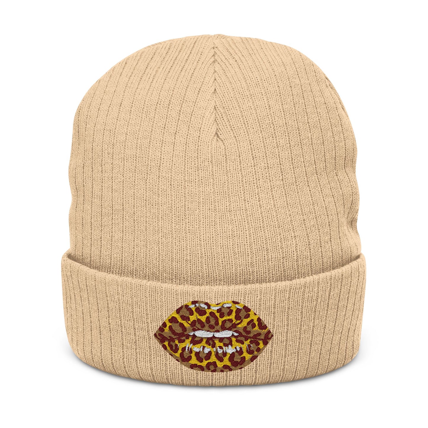 Leopard Kiss Beanie — Embroidered Ribbed Knit Hat