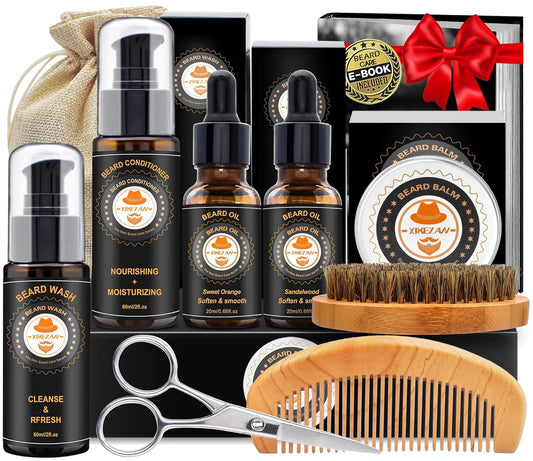 XIKEZAN Beard Kit for Men Care w/Beard Conditioner, Wash, Oil, Balm, Brush, Comb,Birthday Fathers Valentines Gifts for Men Him Dad Husband Boyfriend Christmas Gifts Mens Stocking Stuffers