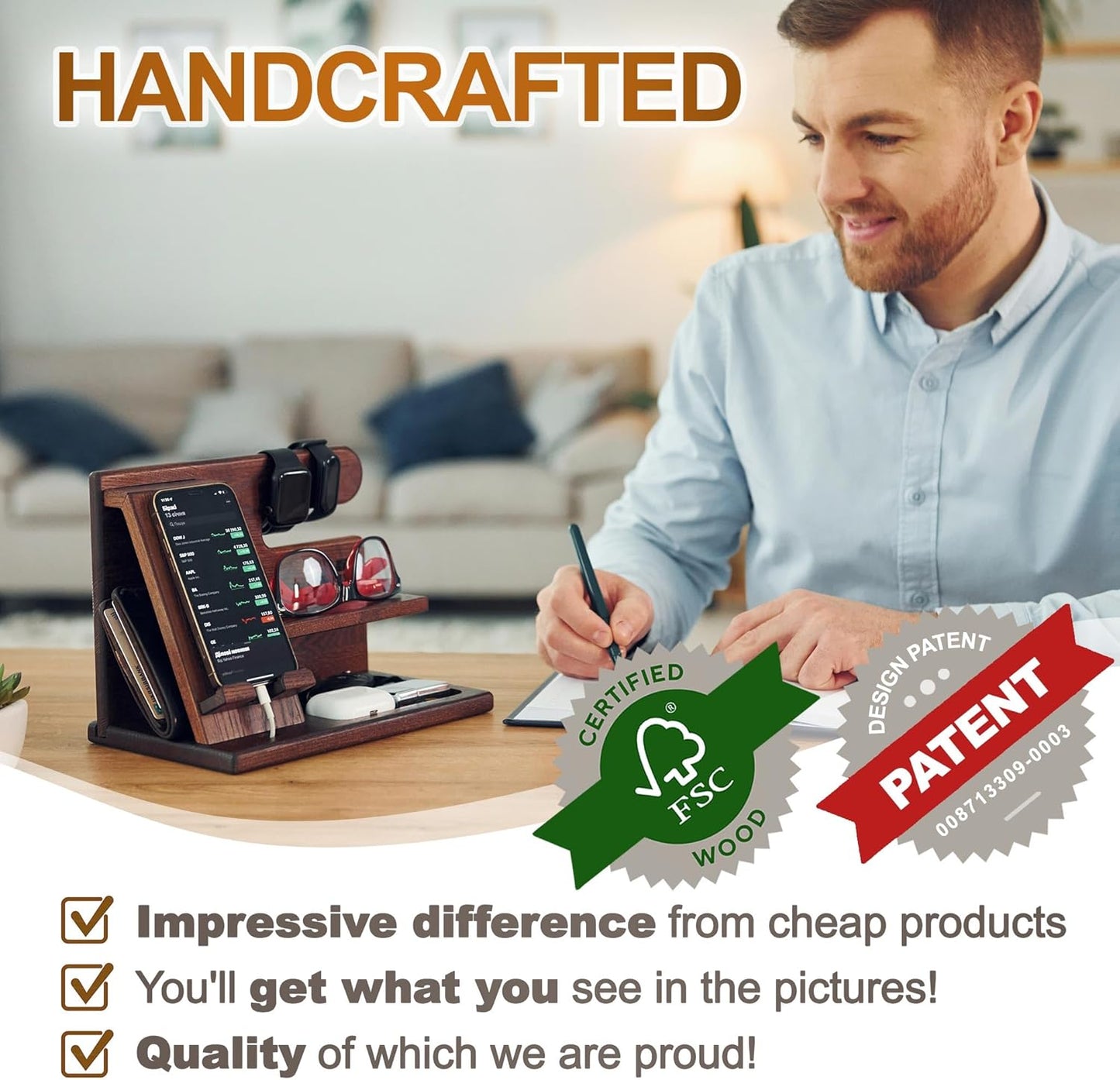 TESLYAR Wood Phone Docking Station for Men - Desktop or Nightstand Organizer - Birthday Gifts for Men, Dad - Anniversary Idea from Wife - Key Holder, Stand Wallet, Watch & Essentials (Bourbon Brown)