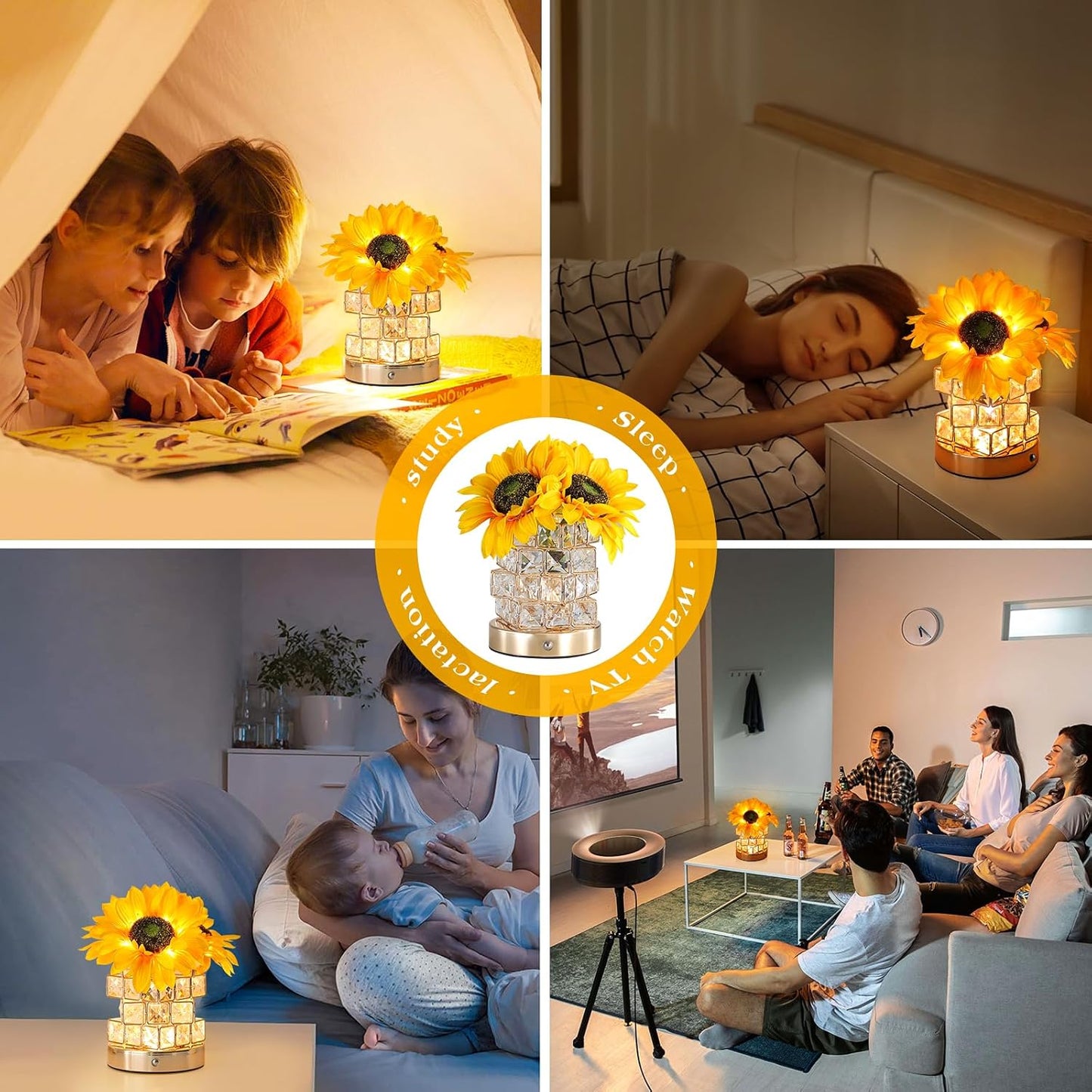Sunflowers Flower Lamp,Rechargeable Cordless Touch Table Lamp,3-Colour Infinitely Dimming Small Night Light,Festival Restaurant Bedroom Bar Coffee Shop Birthday Gifts for Women Mom