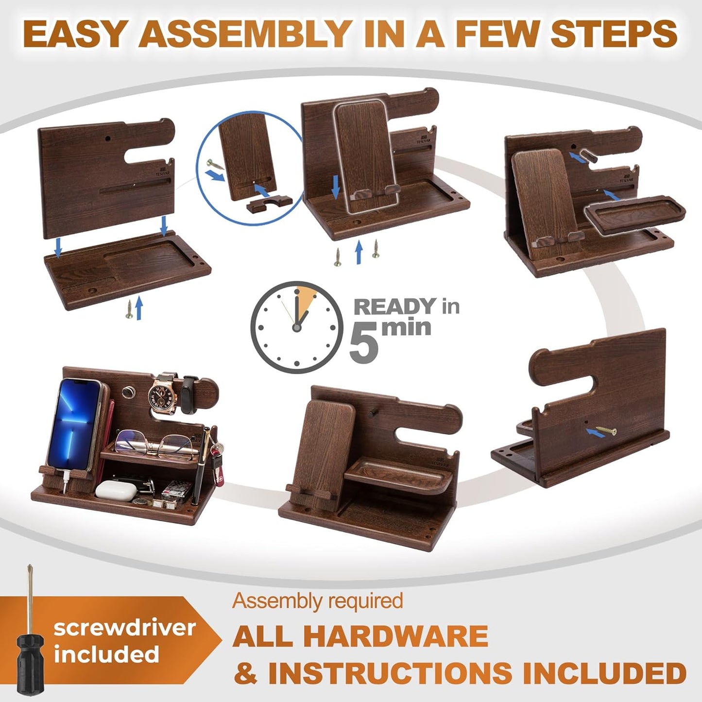 TESLYAR Wood Phone Docking Station for Men - Desk or Nightstand Organizer - Birthday Gifts for Husband, Dad - Anniversary Idea from Wife - Key Holder, Stand Wallet, Watch & Essentials (Bourbon Brown)